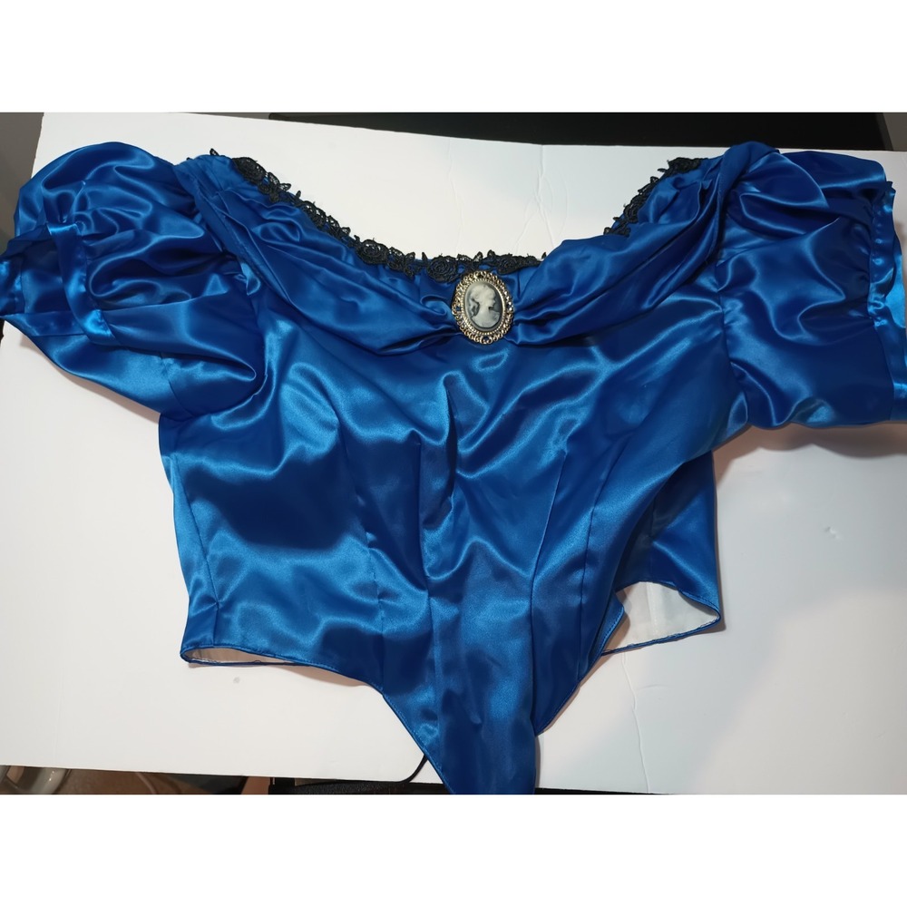 Victorian Gothic Blue Satin Corset Top Off Shoulder Cameo Brooch Puff Sleeve